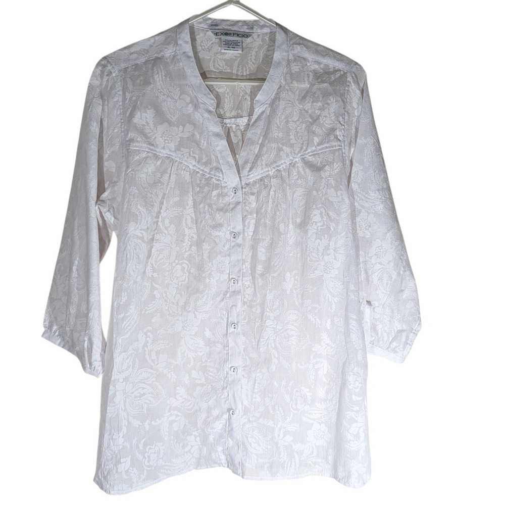 ExOfficio Blouse White Floral Button Up Sheer Lightweight Womens Extra Large